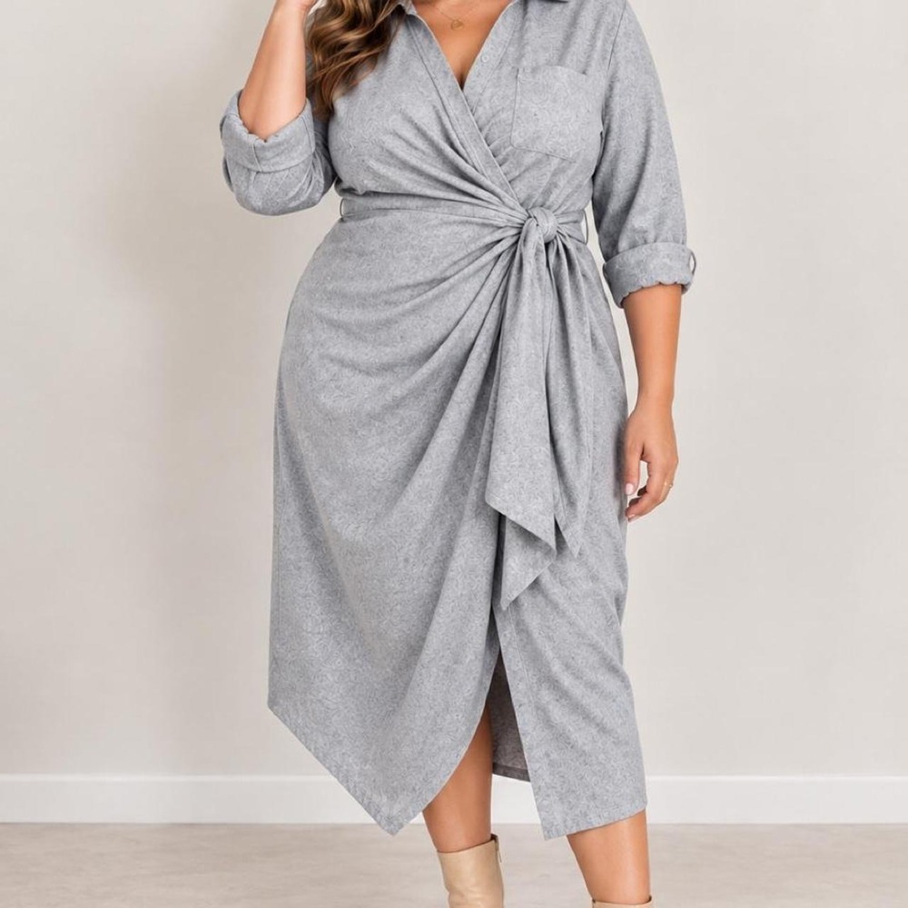 ELOQUII Size 14 Wool Blend Wrap Shirt Dress Gray Corporate Office Workwear